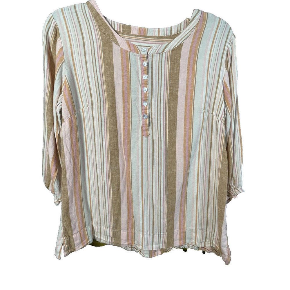 D&Co Naturals Women's Linen Blend Blouse Striped Tunic Sz XS